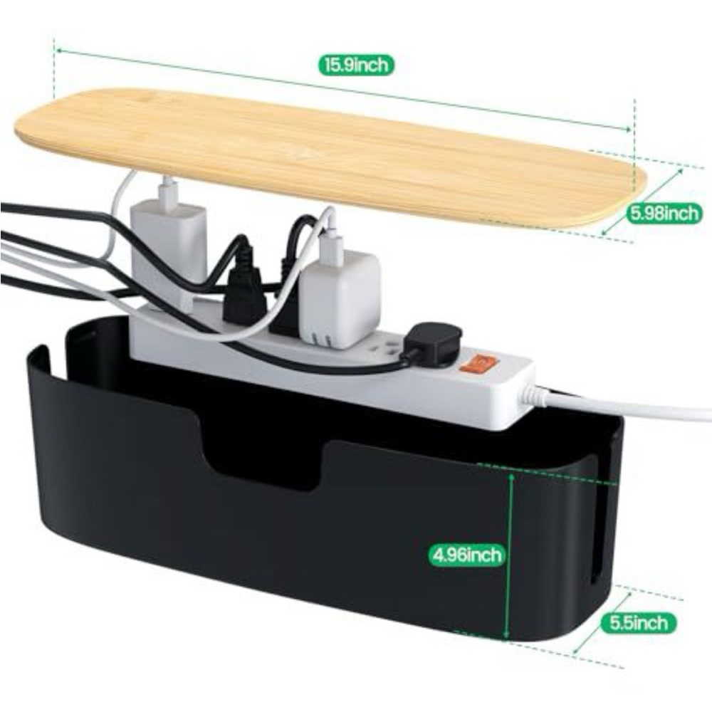 Black Cable and cord  Management Box with Wooden Lid